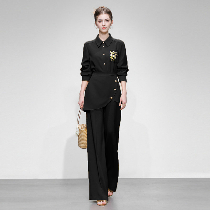 2026春装新款刺绣衬衣+高腰拼接阔腿长裤套装气质显瘦,女装/女士精品,时尚套装,淘宝优惠券,粉丝福利购,淘宝优惠卷