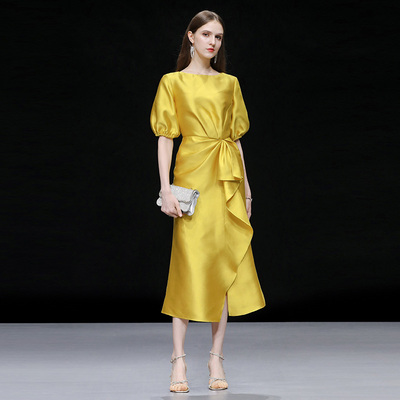 2025夏季新款法式气质圆领灯笼袖收腰荷叶开衩鱼尾连衣裙女