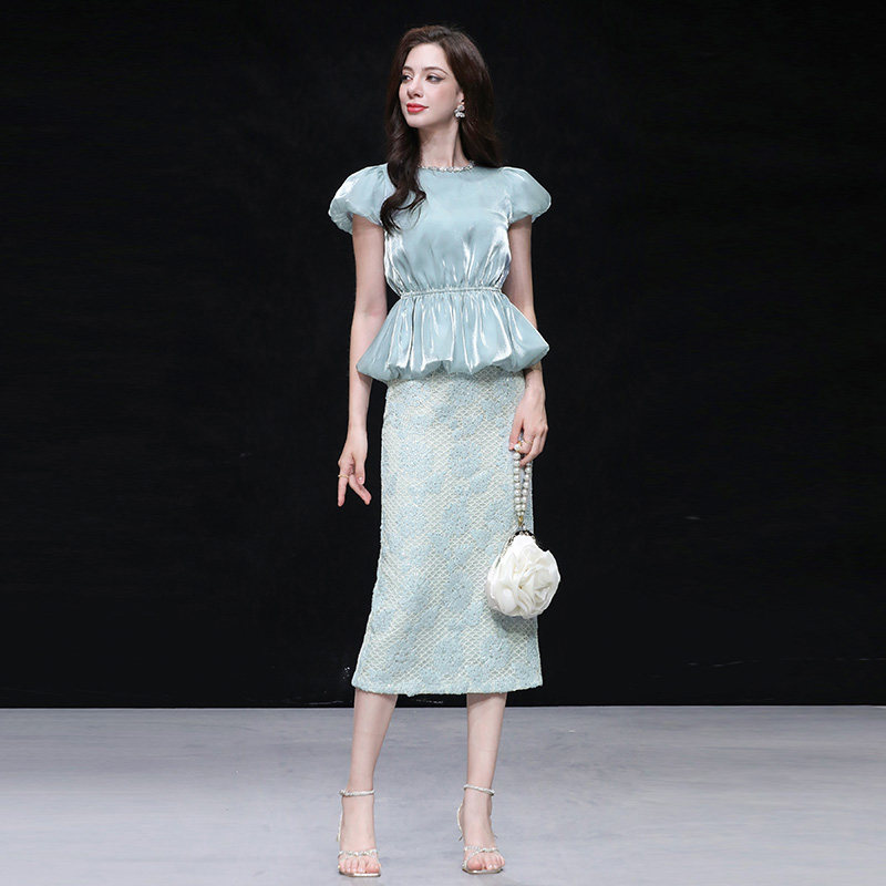 2026夏季新款气质钻条圆领花苞流光玻璃纱上衣+高腰直筒绣花半裙