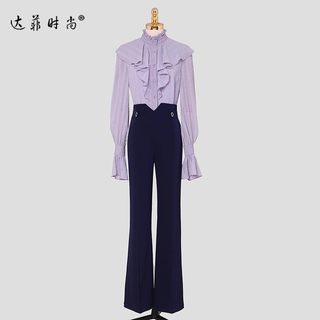 2023秋季女装新款气质灰紫色衬衫衬衣藏蓝色喇叭裤裤子套装潮