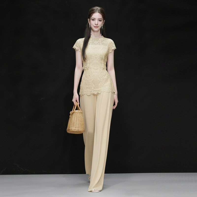 2026夏季新款气质钻条圆领短袖蕾丝上衣+高腰雪纺阔腿长裤套装