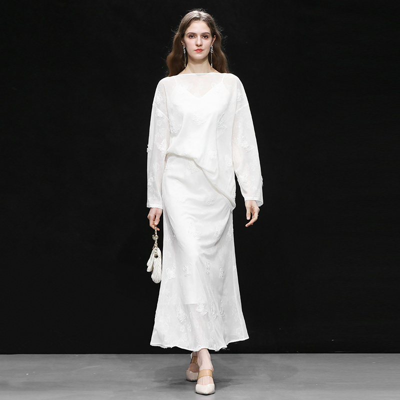 2026春季新款极简都市圆领宽松落肩袖上衣&长款高腰鱼尾裙套装