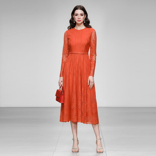 气质复古橘红色长袖 2026新款 收腰显瘦蕾丝连衣裙长裙裙子 女装 春装