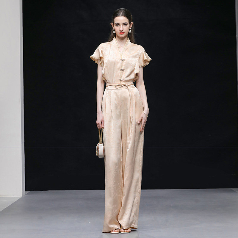 2026年夏季新款轻奢荷叶袖宽松版衬衫+高腰长款阔腿裤套装