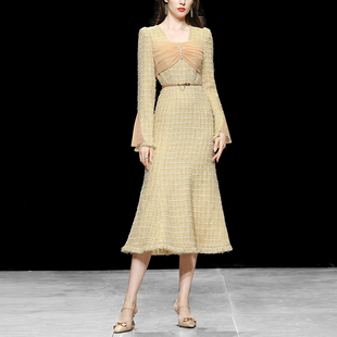 Q秋冬季2022新款女装气质法式收腰中长款粗花呢鱼尾连衣裙长裙