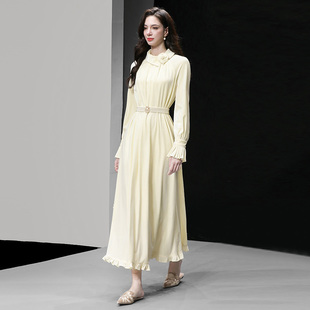 优雅山茶花收腰长款 气质法式 木耳边裙摆丝绒连衣裙 新款 2025秋季