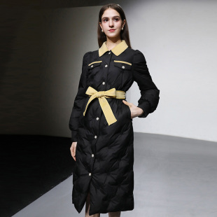 2025冬气质简约拼色翻领单排扣腰带收腰灯笼袖小A摆中长款羽绒服