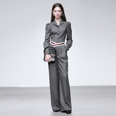 2025冬新款轻奢职业通勤撞色条纹收腰长袖外套+高腰阔腿长裤套装