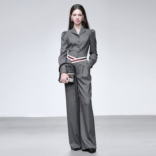 2025冬新款轻奢职业通勤撞色条纹收腰长袖外套+高腰阔腿长裤套装