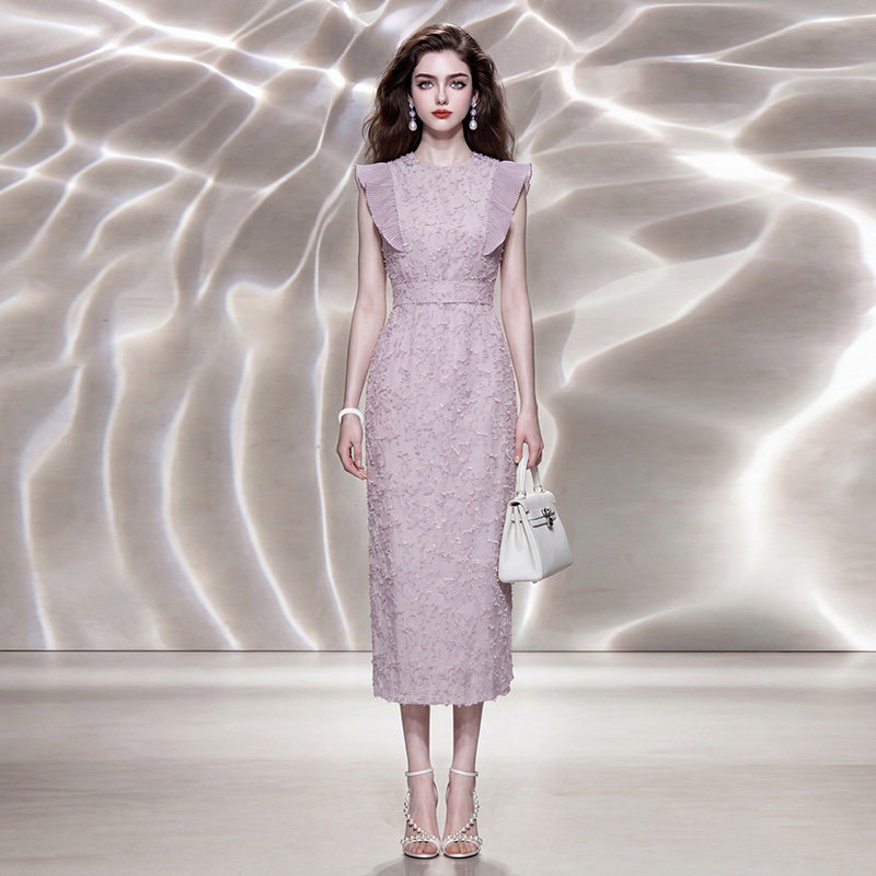 2026夏季新款圆领荷叶飞肩雪纺流苏系蝴蝶结腰带收腰直筒连衣裙