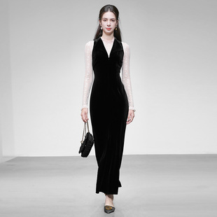 V领收腰显瘦丝绒鱼尾连衣裙套装 2025秋季 优雅蕾丝打底衫 法式 新款