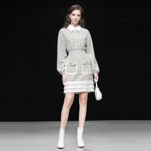 裙子灯笼袖 2025秋冬季 气质撞色收腰中长款 法式 粗花呢连衣裙 新款