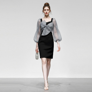 2026春季新款女装蝴蝶结纱泡泡长袖法式方领甜美连衣裙约会