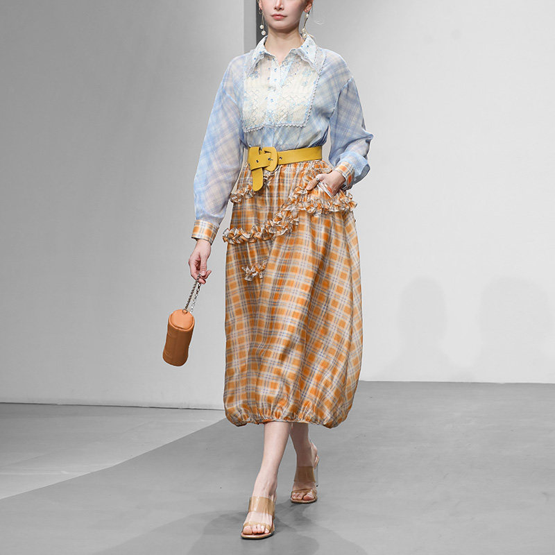 2026夏季新款气质翻领长袖印花雪纺衬衣+高腰A摆印花蓬蓬半裙套装