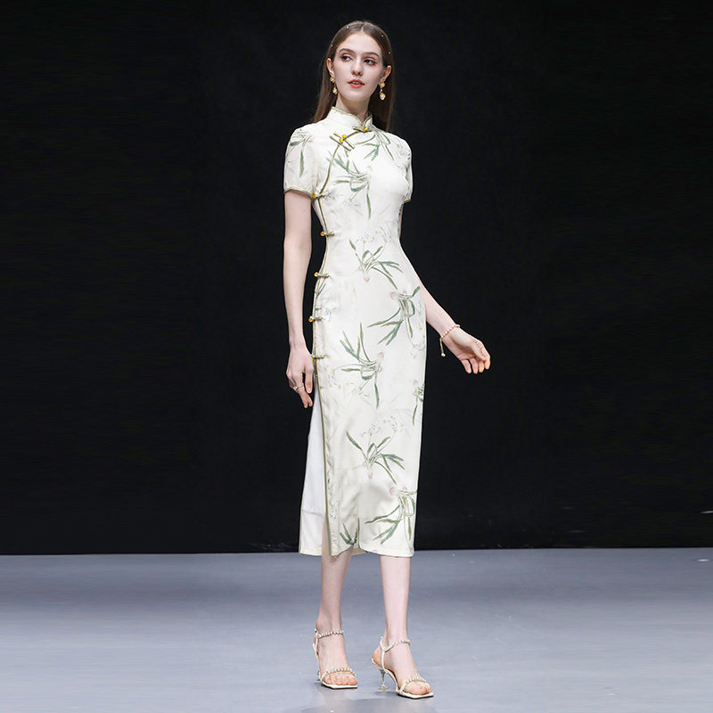 2026夏季新款女装新中式国风印花优雅修身显瘦开叉旗袍连衣裙