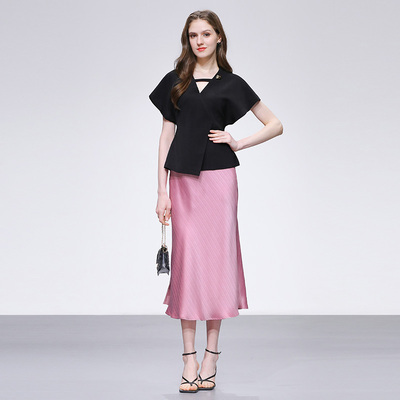 2025夏季新款V领短袖收腰法式衬衫高腰A字条纹开衩半裙套装潮