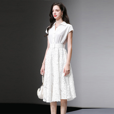 2025夏季新款时尚气质性感V领修身显瘦衬衣拼接A字大摆蕾丝连衣裙