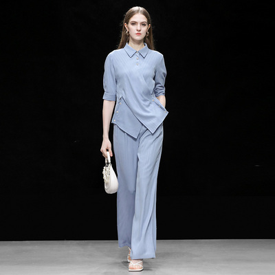 2025夏季新款翻领不对称设计感收腰衬衣+高腰长款阔腿裤套装