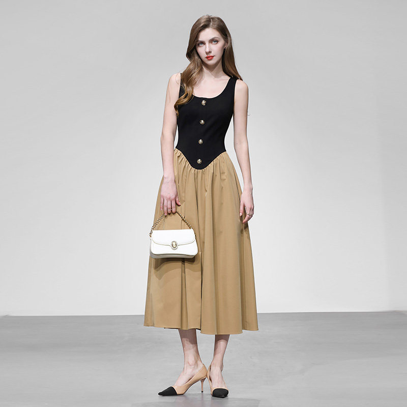 2026春季新款气质短款长袖开衫+无袖圆领撞色拼接收腰大摆连衣裙