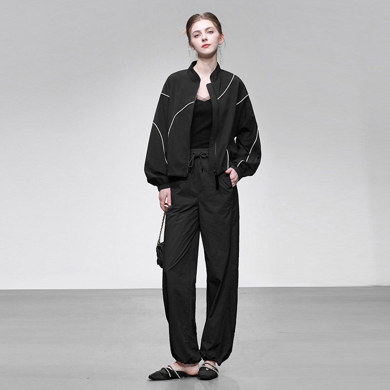 2026春季新款时尚休闲撞色拼接防晒夹克外套+高腰休闲阔腿裤套装