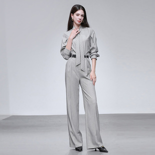 2026年春季新款港风系带长袖宽松版条纹衬衫+高腰直筒阔腿裤套装