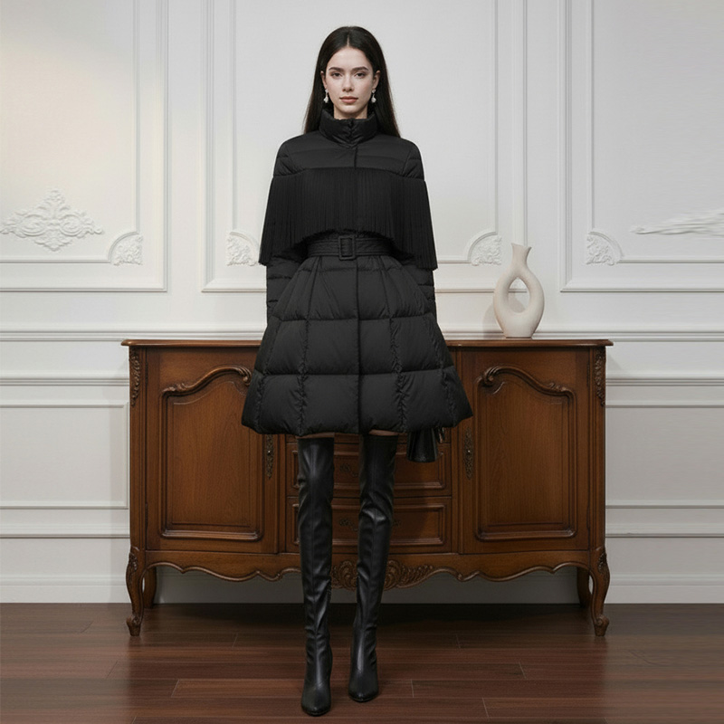 2025冬新款时尚高领网纱荷叶边拼接灯笼袖腰带收腰直筒羽绒服外套