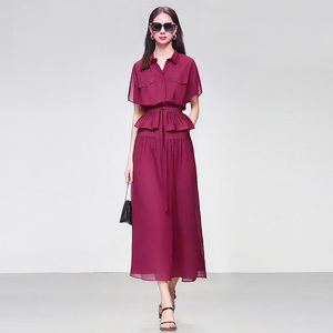 2026年夏季新款时尚气质翻领荷叶边收腰A摆衬衫雪纺连衣裙