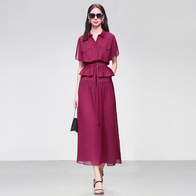 2025年夏季新款时尚气质翻领荷叶边收腰A摆衬衫雪纺连衣裙