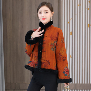 加厚夾棉復(fù)古真絲上衣民族風(fēng)水貂毛唐裝 香云紗外套女棉服2023冬季