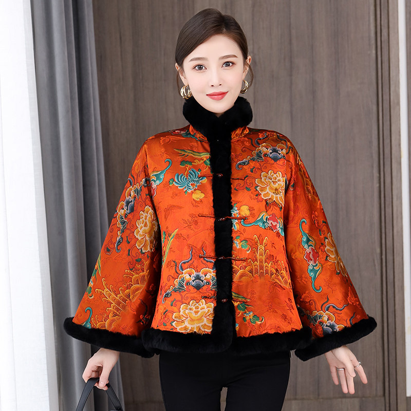 香云纱外套女棉服2023冬季加厚夹棉复古真丝上衣民族风水貂毛唐装