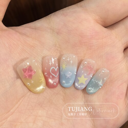 【彩虹星光】手绘猫眼马卡龙穿戴甲可爱短款手工星星儿童美甲贴片