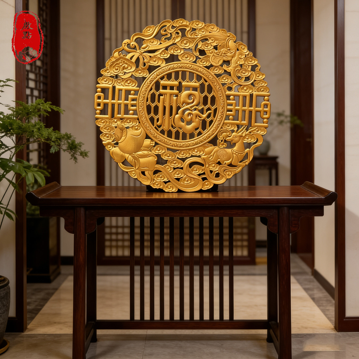 东阳木雕中式古典福字镂空雕花板香樟木工艺品家居金色装饰壁挂件