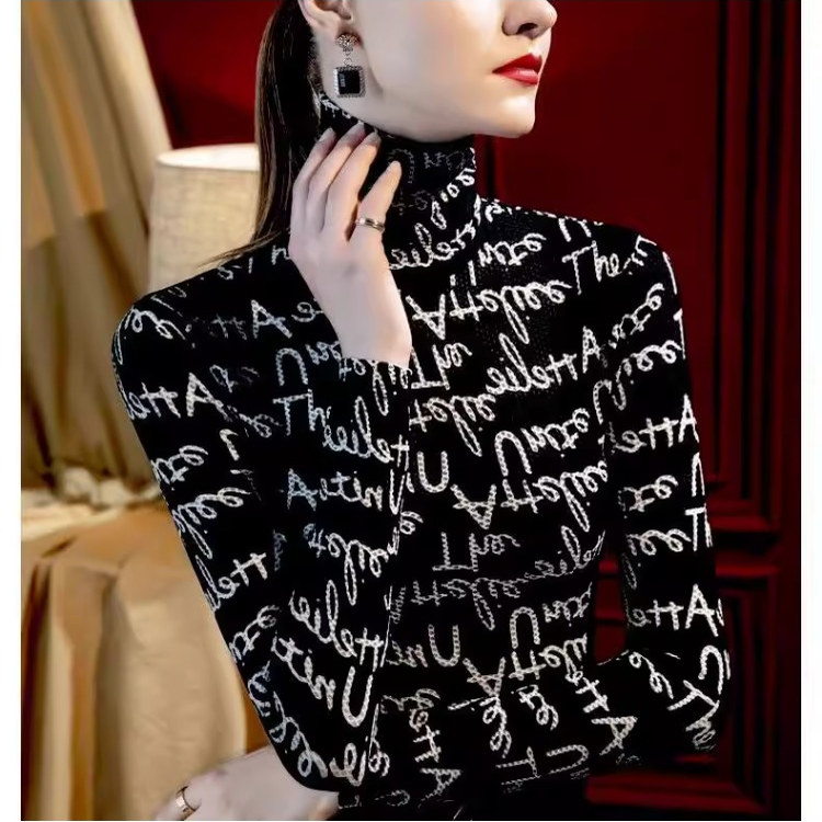 外贸原单专柜撤回秋冬高领打底衫女洋气内搭德绒保暖修身字母上衣