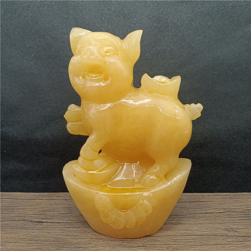 天然玉石米黄玉福猪摆件十二生肖猪客厅办公室装饰品乔迁礼品带盒