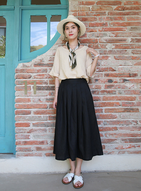 半身裙2025新款夏季 纯色亚麻半裙女文艺黑色中长款a字裙百搭长裙