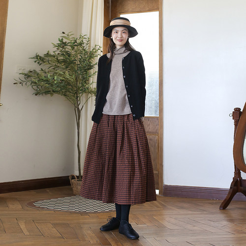 zan原创中长款a字纯棉格子半身裙