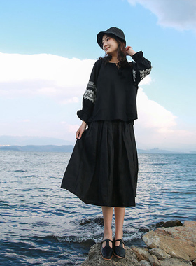 半身裙女2025春夏新款 文艺黑色亚麻大摆裙百搭中长款a字裙百褶裙