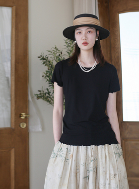 原创新款上衣 夏季圆领套头文艺通勤黑色短袖显瘦纯色百搭女士t恤