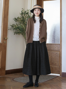 2025秋冬提花棉麻半身裙 新款黑色a裙中长款半裙显瘦文艺半身长裙