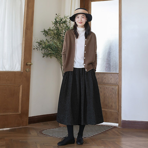 秋冬提花棉麻半身裙女黑色中长裙