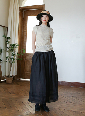 春季新款苎麻半身裙女 黑色百搭遮胯a字裙文艺中长款半裙显瘦长裙