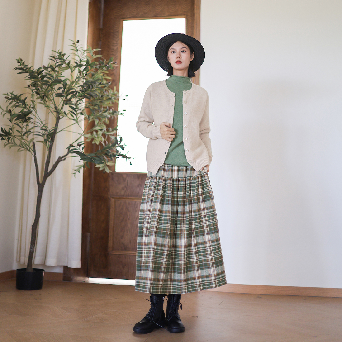 2025秋冬新款纯棉半身裙格子长裙