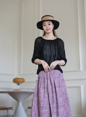 2025新款上衣女 夏季圆领文艺黑色亚麻短袖衬衣 百搭宽松显瘦衬衫