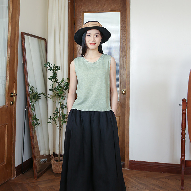 夏季新款纯色针织背心圆领无袖坎肩马甲百搭显瘦套头吊带亚麻上衣