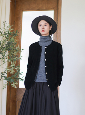 ZAN原创秋冬羊毛针织衫女 黑色百搭文艺宽松开衫圆领上衣长袖外套