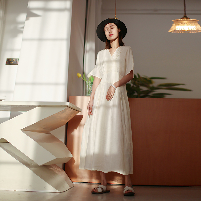 夏季纯色通勤显瘦长裙苎麻连衣裙