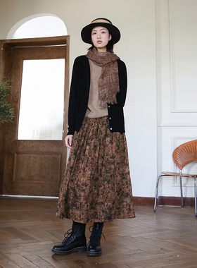 ZAN原创新款提花棉麻半身裙 秋冬文艺显瘦a字中长款半裙 百搭长裙