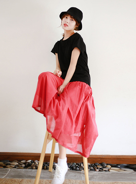 新款原创红色裙子女夏新款女装复古真丝 棉 半身裙文艺仙女裙长裙