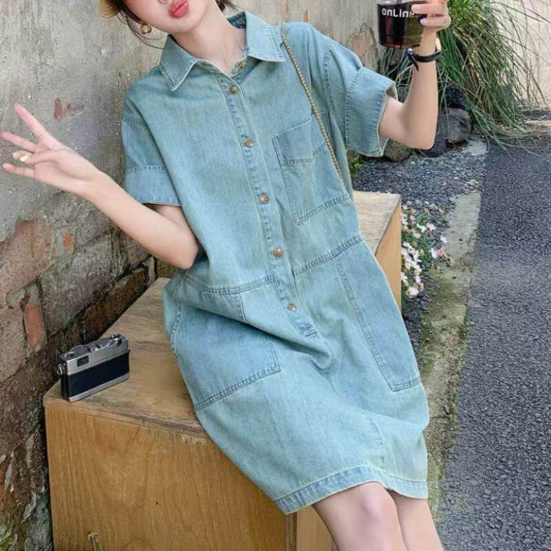 复古浅蓝色牛仔连衣裙女2025连衣裙