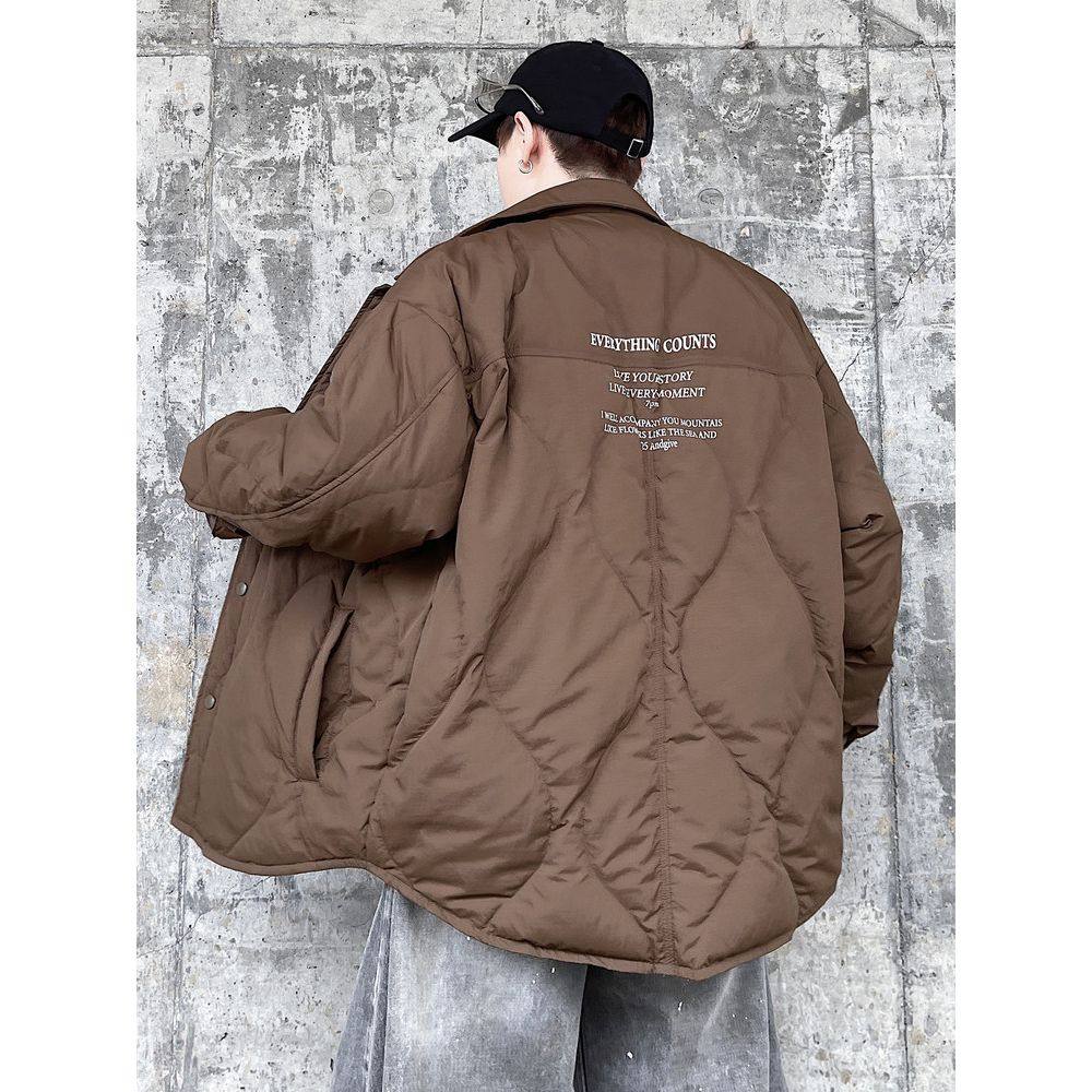 潮胖子美式卡其色2025冬季翻领衬衫轻薄款羽绒服男加肥加大码外套